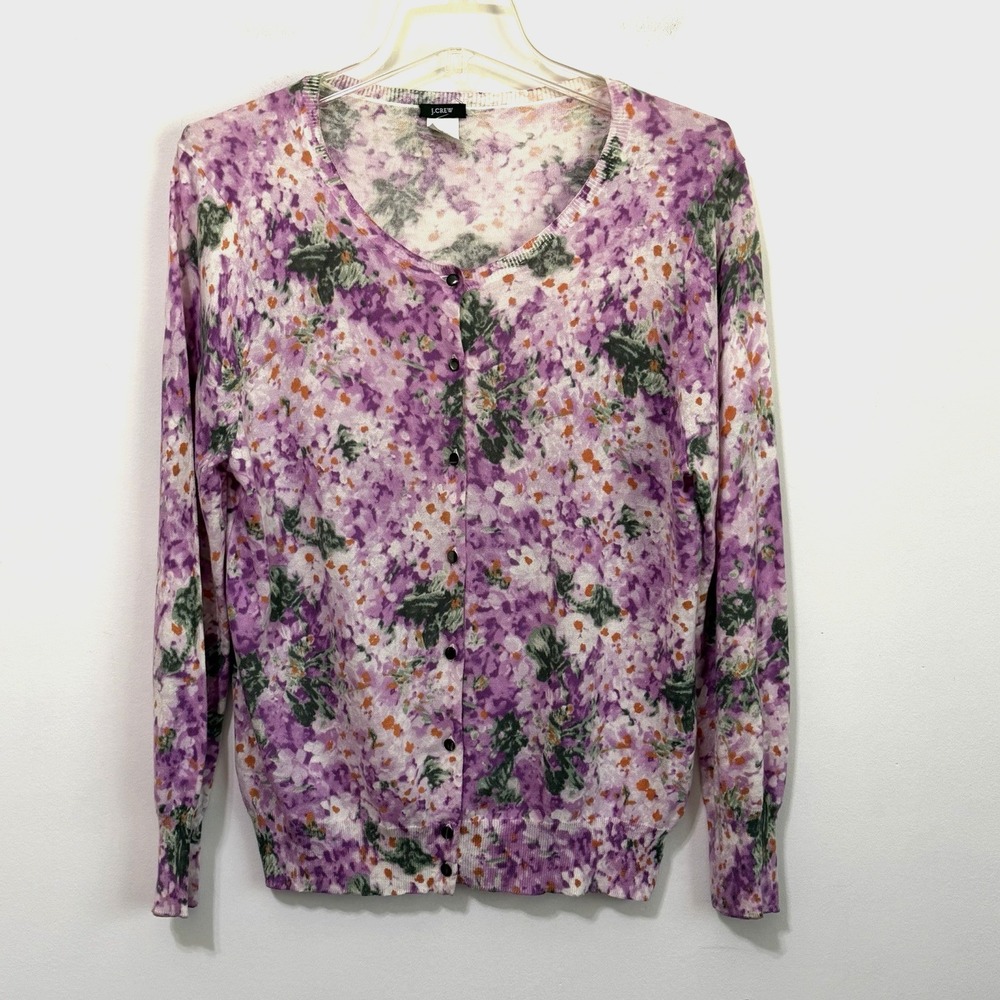 J Crew Cardigan Sweater L Monet Watercolor Purple Button Front Long Sleeve Top